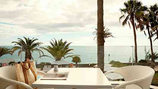 Näkymä terassilta merelle, taustalla palmuja. (Tekoälyn luoma teksti)