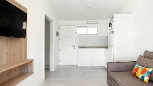 Valkoinen huone, jossa on sohva, televisio, puuhylly ja keittiö. (Tekoälyn luoma teksti)