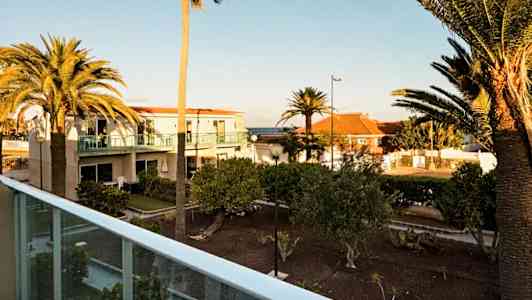 Ulkomaisema, jossa on palmuja ja asuinrakennuksia taustalla, kuvattu parvekkeelta. (Tekoälyn luoma teksti)