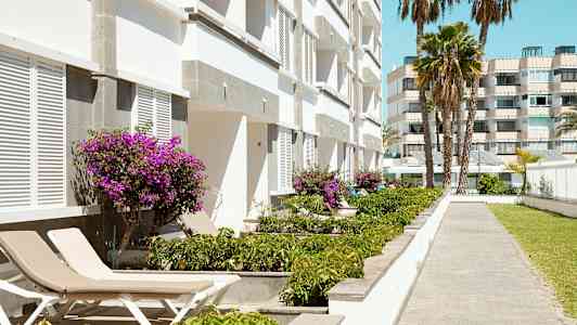 Kuva valkoisesta rakennuksesta, jossa on violetteja kukkia ja aurinkotuoleja kävelytien vieressä. (Tekoälyn luoma teksti)