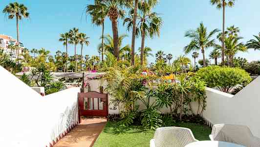 Näköala vehreästä puutarhasta, jossa on palmuja ja pensaita, ympäröitynä valkoisilla seinillä. (Tekoälyn luoma teksti)