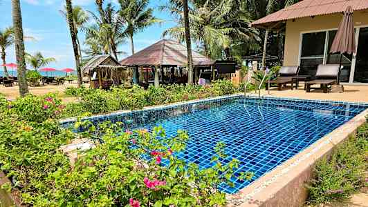 Uima-allas, jonka ympärillä on kukkia ja kasveja. Taustalla palmuja ja rantaa. (Tekoälyn luoma teksti)