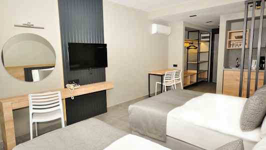 Hotellihuone, jossa on kaksi vuodetta, televisio, kirjoituspöytä ja pieni keittiö. (Tekoälyn luoma teksti)