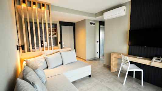 Moderni hotellihuone, jossa on sohva, televisio ja kirjoituspöytä sekä keittiöalueen erotusseinä. (Tekoälyn luoma teksti)