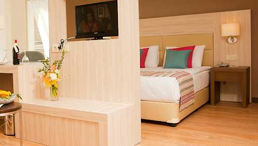 Hotellihuone, jossa on moderni sisustus, sisältäen parivuoteen, television puupaneelissa ja kukkakimpun. (Tekoälyn luoma teksti)