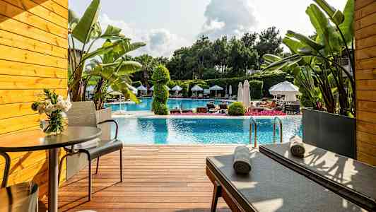 Terassi uima-altaan edessä, jossa on aurinkotuoleja, pöytä ja kasveja. (Tekoälyn luoma teksti)