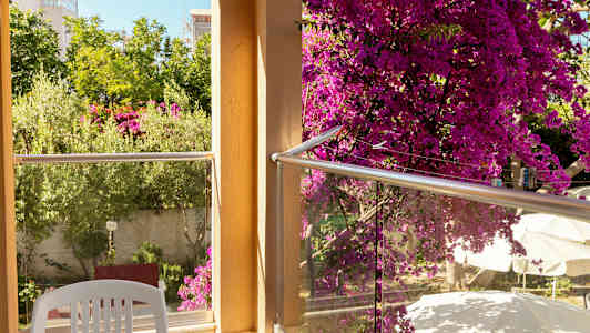 Parveke lasikaideilla, vaaleanpunaiset kukat ja näkymä vihreisiin kasveihin. (Tekoälyn luoma teksti)