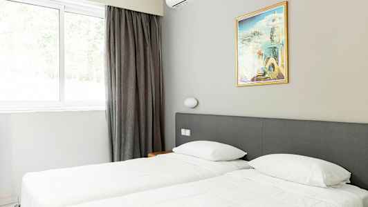 Huone, jossa on kaksi erillistä vuodetta, taulu ja ikkuna verhoilla. (Tekoälyn luoma teksti)