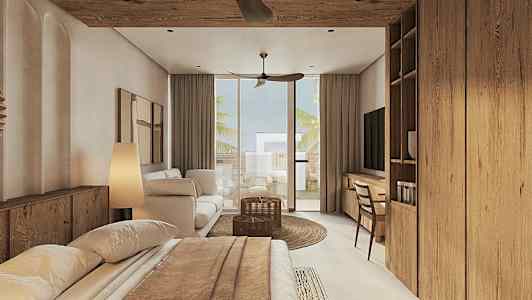 Moderni hotellihuone, jossa on puuyksityiskohtia, sänky, oleskelualue ja parveke. (Tekoälyn luoma teksti)