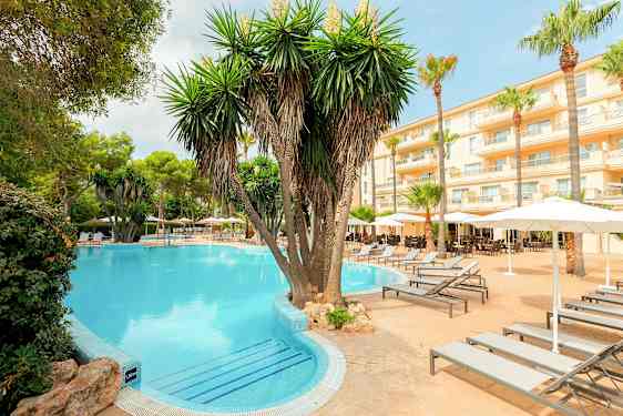 Hotellialue uima-altaalla, palmuilla ja aurinkotuoleilla. (Tekoälyn luoma teksti)