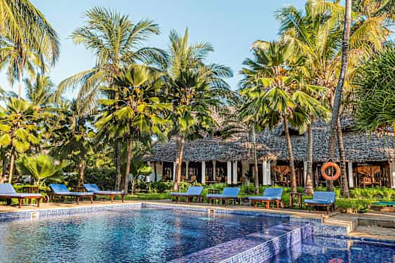 Uima-allas, jonka ympärillä on aurinkotuoleja ja palmuja, rakennuksen olkikatoksen vieressä. (Tekoälyn luoma teksti)