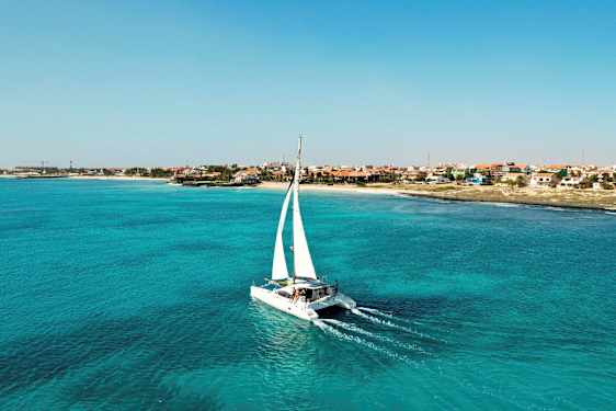 Katamaraani, jossa on valkoiset purjeet, kulkee turkoosissa vedessä lähellä rantaa, jolla on erivärisiä taloja. (Tekoälyn luoma teksti)