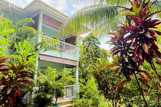 Rakennus, jossa on parvekkeita ja jota ympäröi vehreä trooppinen kasvillisuus. (Tekoälyn luoma teksti)