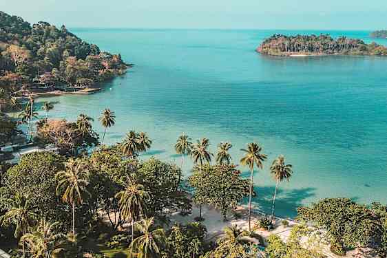 Rantaviiva palmuineen, kirkas sininen meri ja pieni saari taustalla. (Tekoälyn luoma teksti)