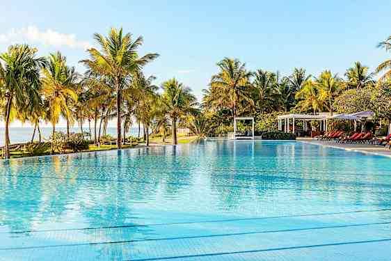 Uima-allas kirkkaalla vedellä, palmujen ja aurinkotuolien ympäröimänä, kirkkaan taivaan alla. (Tekoälyn luoma teksti)