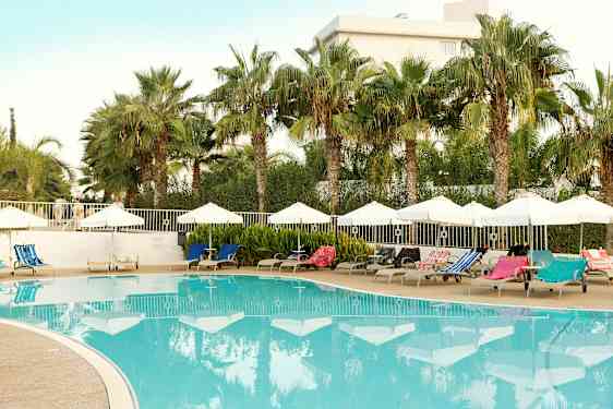 Ulkoallas, jossa aurinkotuoleja ja aurinkovarjoja palmujen ympäröimänä. (Tekoälyn luoma teksti)