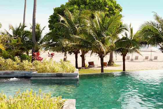 Uima-allasalue, josta on näkymä hiekkarannalle ja ympäröiviin palmuihin. (Tekoälyn luoma teksti)