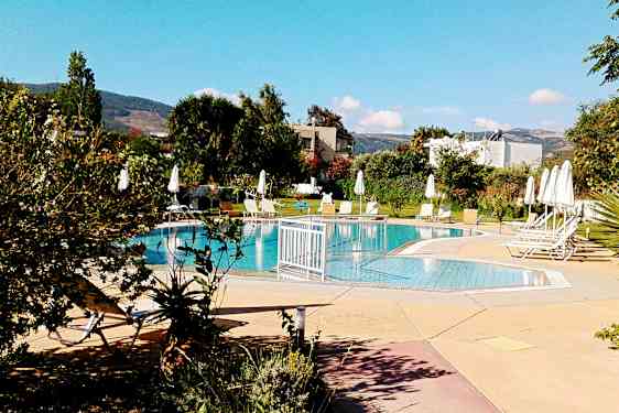 Ulkouima-allas, jota ympäröivät aurinkotuolit ja aurinkovarjot, taustalla vehreyttä. (Tekoälyn luoma teksti)