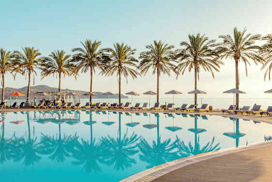 Uima-allas, jossa on aurinkotuoleja ja -varjoja, ympärillä palmuja. Meri näkyy taustalla. (Tekoälyn luoma teksti)