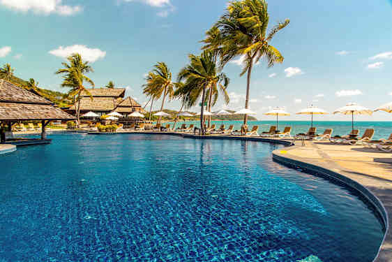 Kuva ulkouima-altaasta, jota ympäröivät aurinkotuolit ja palmut, taustalla näkyy meri. (Tekoälyn luoma teksti)