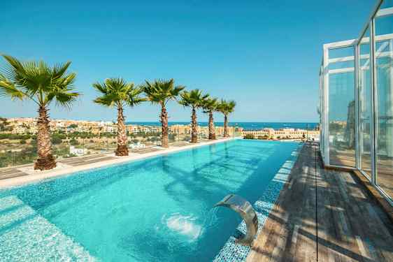 Ulkoallas, jossa on turkoosi vesi, ympärillä palmuja ja näkymä kaupungille ja merelle. (Tekoälyn luoma teksti)