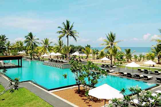 Ulkouima-allas, jonka ympärillä on aurinkotuoleja, aurinkovarjoja, palmuja ja näkymä merelle. (Tekoälyn luoma teksti)