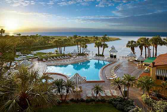 Kuva uima-allasalueesta, jossa on aurinkotuoleja ja aurinkovarjoja, ympärillä palmupuita ja taustalla ranta. (Tekoälyn luoma teksti)