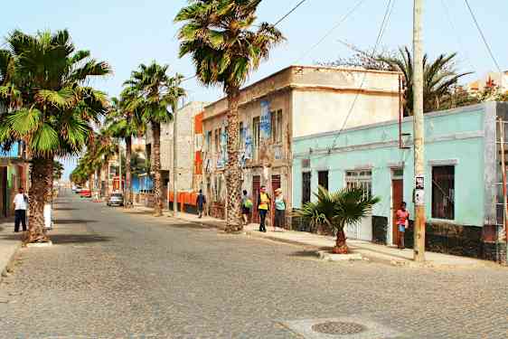 Katu, jolla on palmuja ja värikkäitä rakennuksia. (Tekoälyn luoma teksti)