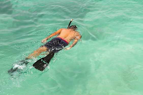 Henkilö snorklaa kirkkaassa turkoosissa vedessä. (Tekoälyn luoma teksti)