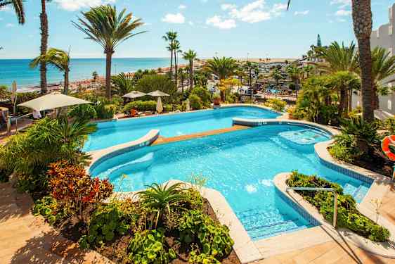 Näkymä altaalle, jota ympäröi vehreys ja palmut, taustalla meri. (Tekoälyn luoma teksti)