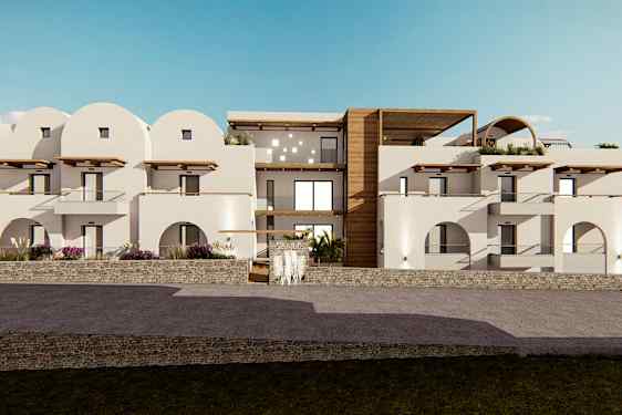 Moderni rakennus välimerellisessä tyylissä, jossa on valkoiset julkisivut ja kaarevat muodot. (Tekoälyn luoma teksti)