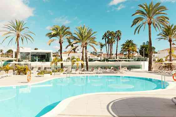 Uima-allasalue, jossa palmuja, aurinkotuoleja ja moderni rakennus taustalla. (Tekoälyn luoma teksti)