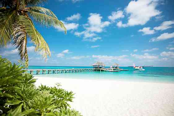 Valkoinen hiekkaranta, palmuja ja laituri, joka johtaa veden ylle resort-rakennuksiin. Vesitaso näkyy laiturin vieressä. (Tekoälyn luoma teksti)