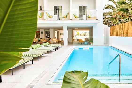 Ulkouima-allas hotellilla, aurinkotuoleja ja vehreä ympäristö. (Tekoälyn luoma teksti)