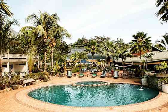 Uima-allas ulkona, jota ympäröivät vihreät palmut ja aurinkotuolit, taustalla rakennus. (Tekoälyn luoma teksti)