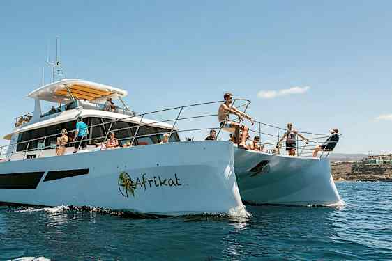 Henkilöitä katamaraanilla aurinkoisessa säässä, ympärillään vettä ja taustalla rantaviiva. (Tekoälyn luoma teksti)