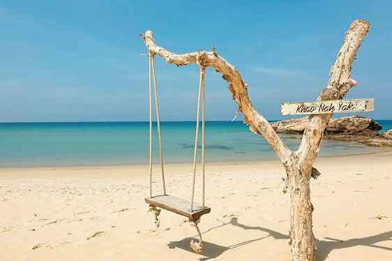 Puinen keinu roikkuu narusta rannalla, taustalla sininen meri. (Tekoälyn luoma teksti)