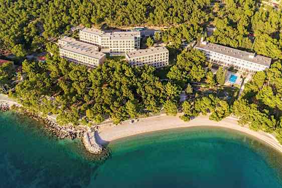 Lentokuva hotellikompleksista, jota ympäröivät metsä ja ranta. (Tekoälyn luoma teksti)