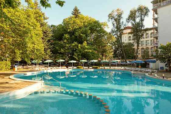 Ulkoallas, jonka ympärillä on vehreyttä ja aurinkotuoleja. (Tekoälyn luoma teksti)