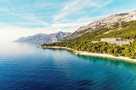 Merinäkymä, rantaviiva, jossa on metsää, ja taustalla vuoria. (Tekoälyn luoma teksti)