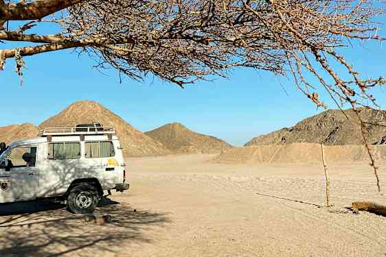 Valkoinen auto on pysäköity puun alle aavikkomaisemassa, taustalla vuoria. (Tekoälyn luoma teksti)