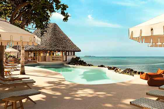 Uima-allasalue aurinkotuoleilla ja varjoilla meren vieressä. (Tekoälyn luoma teksti)