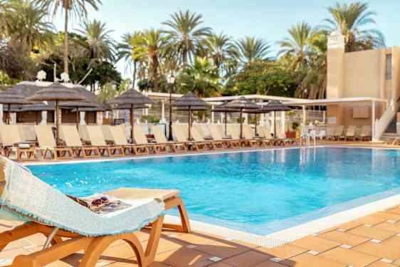 Uima-allas aurinkotuolien ja palmujen ympäröimänä kirkkaan taivaan alla. (Tekoälyn luoma teksti)