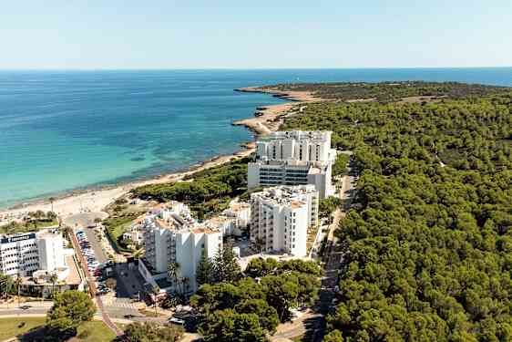 Ilmakuva rannikon hotellirakennuksista metsän edessä ja lähellä rantaa. (Tekoälyn luoma teksti)