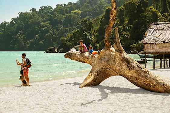 Kaksi lasta istuu suurella puunrungolla hiekkarannalla meren äärellä, ympärillään vehreää metsää ja puu-rakennuksia. (Tekoälyn luoma teksti)