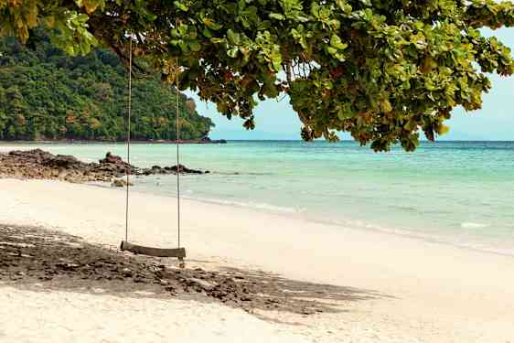 Keinu riippuu puusta hiekkarannalla, jossa on kirkasta vettä. (Tekoälyn luoma teksti)