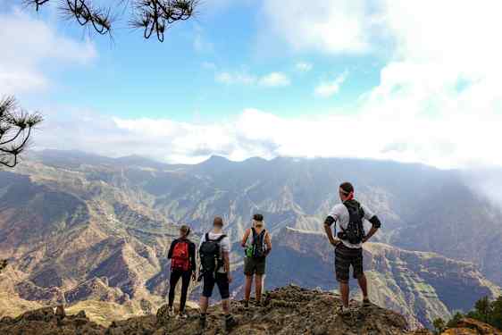 Fyra människor på vandringstur i bergen