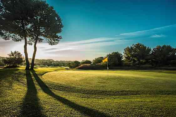 Mies lyömässä golfkentällä