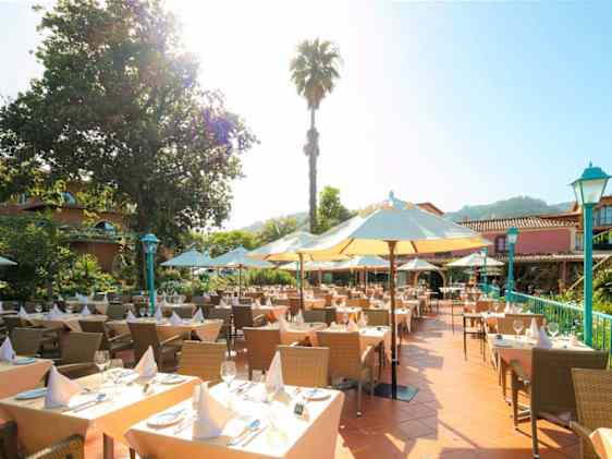 Hotellin ravintolan aurinkoinen terassi, jolla valmiiksi katetut pöydät puutarhamaisessa ympäristössä.