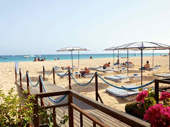 Aurinkotuoleja ja -varjoja rannalla